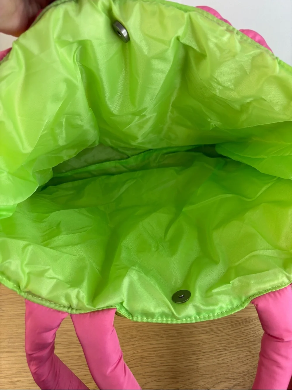 Fruit Riot! Puffy Quilted Green Yellow Checkered Tote Bag Pink Handles LIKE NEW!